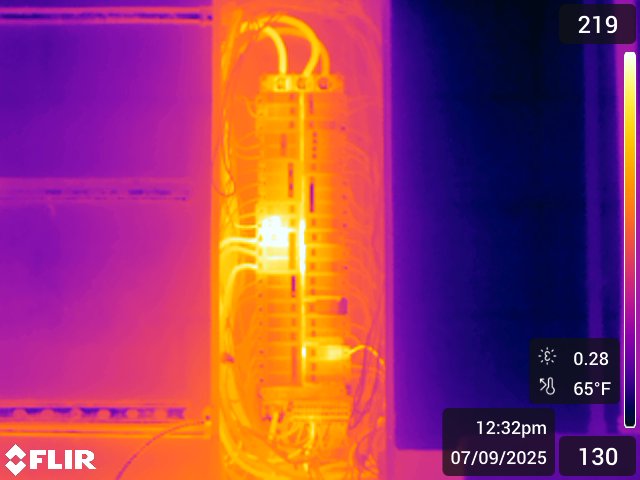 Thermal image displaying hot connections at 219 degrees Fahrenheit requiring immediate attention