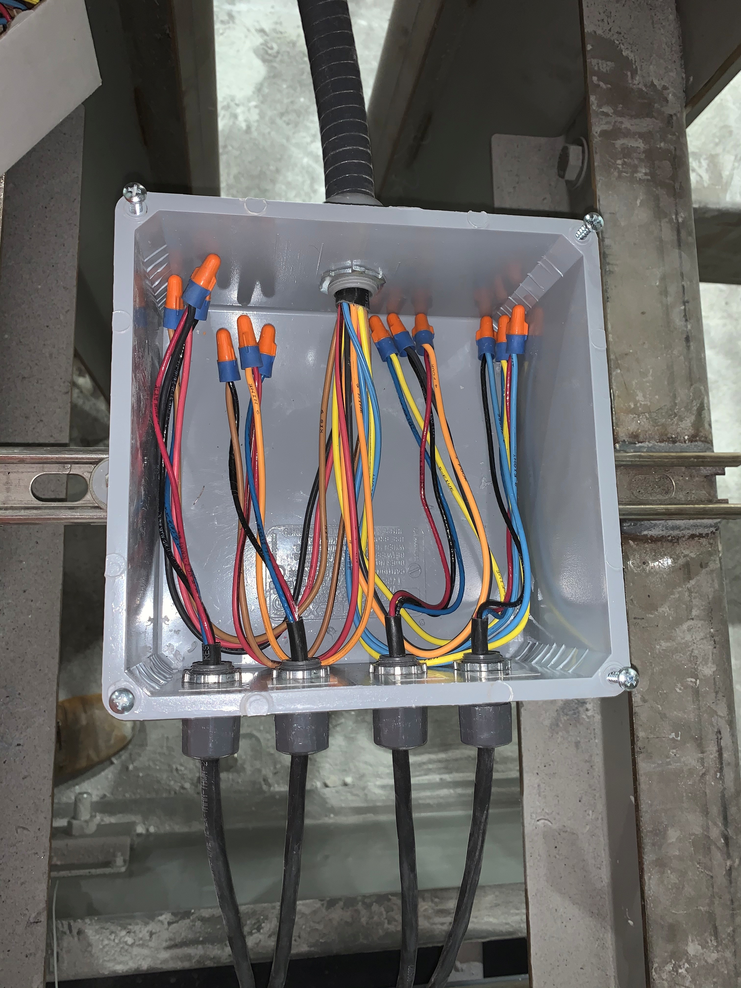 Commercial electrical junction box with organized wire connections and proper electrical safety standards