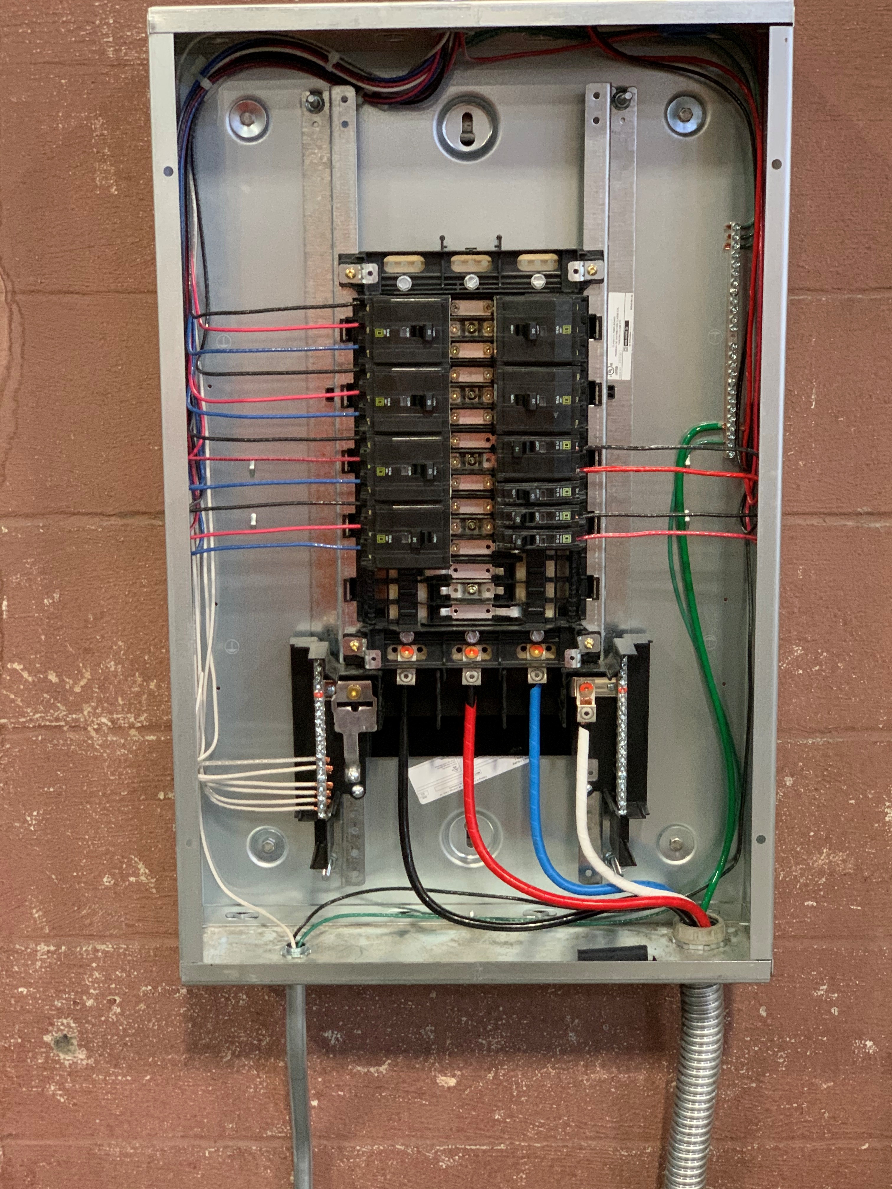Commercial service panel installation with multiple circuits and professional wire management