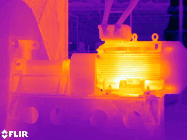 Thermal image revealing heat patterns in DC motor showing bearing temperature and potential overheating issues